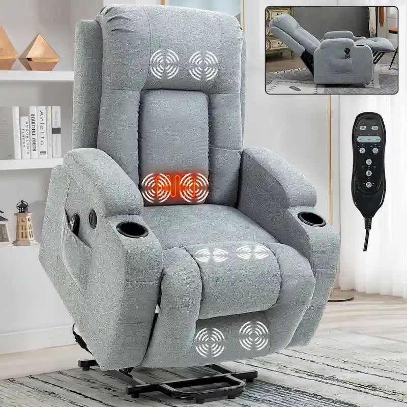 Fauteuil inclinable électrique lève-personne à position infinie avec massage et chaleur, deux ports USB, porte-gobelets, poches latérales, idéal pour les personnes âgées