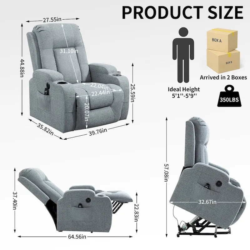 Fauteuil inclinable électrique lève-personne à position infinie avec massage et chaleur, deux ports USB, porte-gobelets, poches latérales, idéal pour les personnes âgées