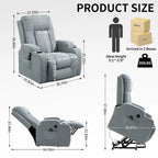 Fauteuil inclinable électrique lève-personne à position infinie avec massage et chaleur, deux ports USB, porte-gobelets, poches latérales, idéal pour les personnes âgées