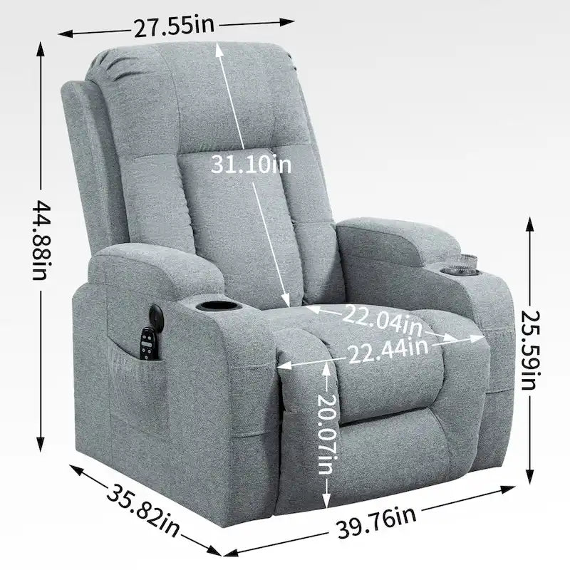 Fauteuil inclinable électrique lève-personne à position infinie avec massage et chaleur, deux ports USB, porte-gobelets, poches latérales, idéal pour les personnes âgées