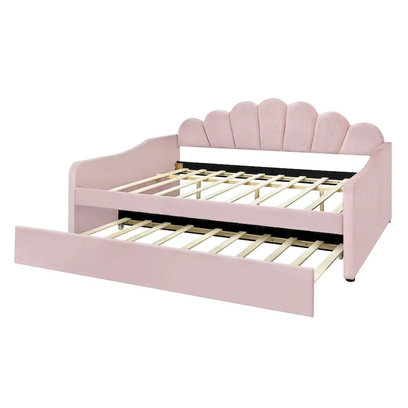 Lit de repos capitonné pleine grandeur avec dossier coquille et lit gigogne