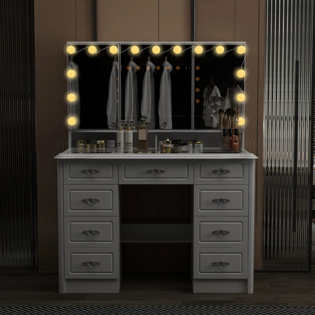 Coiffeuse moderne blanche avec miroir pliable éclairage réglable - 102,1 x 137,4 cm