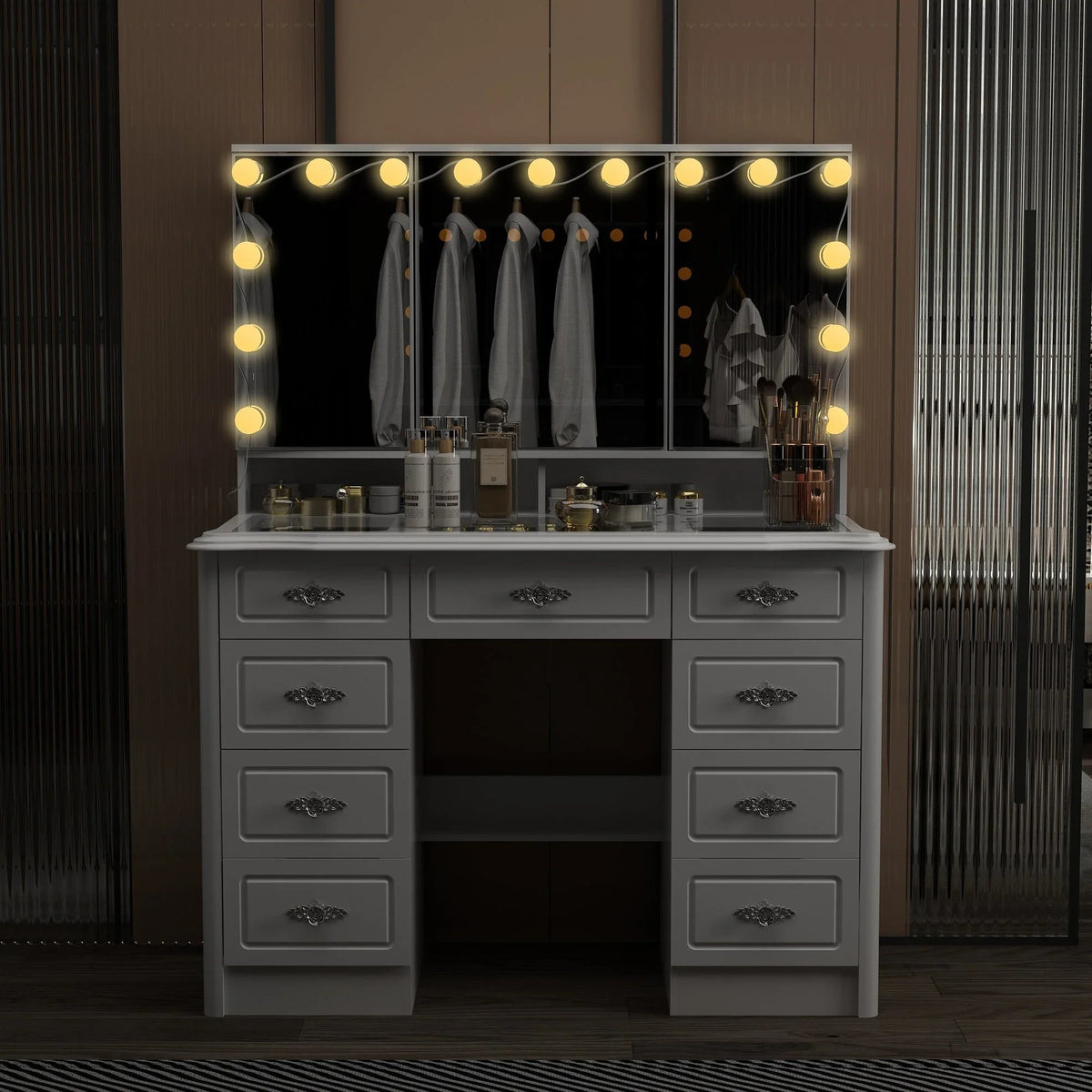Coiffeuse moderne blanche avec miroir pliable éclairage réglable - 102,1 x 137,4 cm
