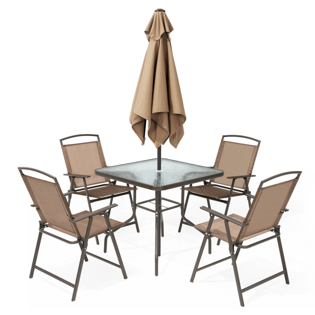 Ensemble de patio 6 pièces Pellebant avec table, parasol et 4 chaises pliantes – 22,4 L x 26,8 P x 34,4 H
