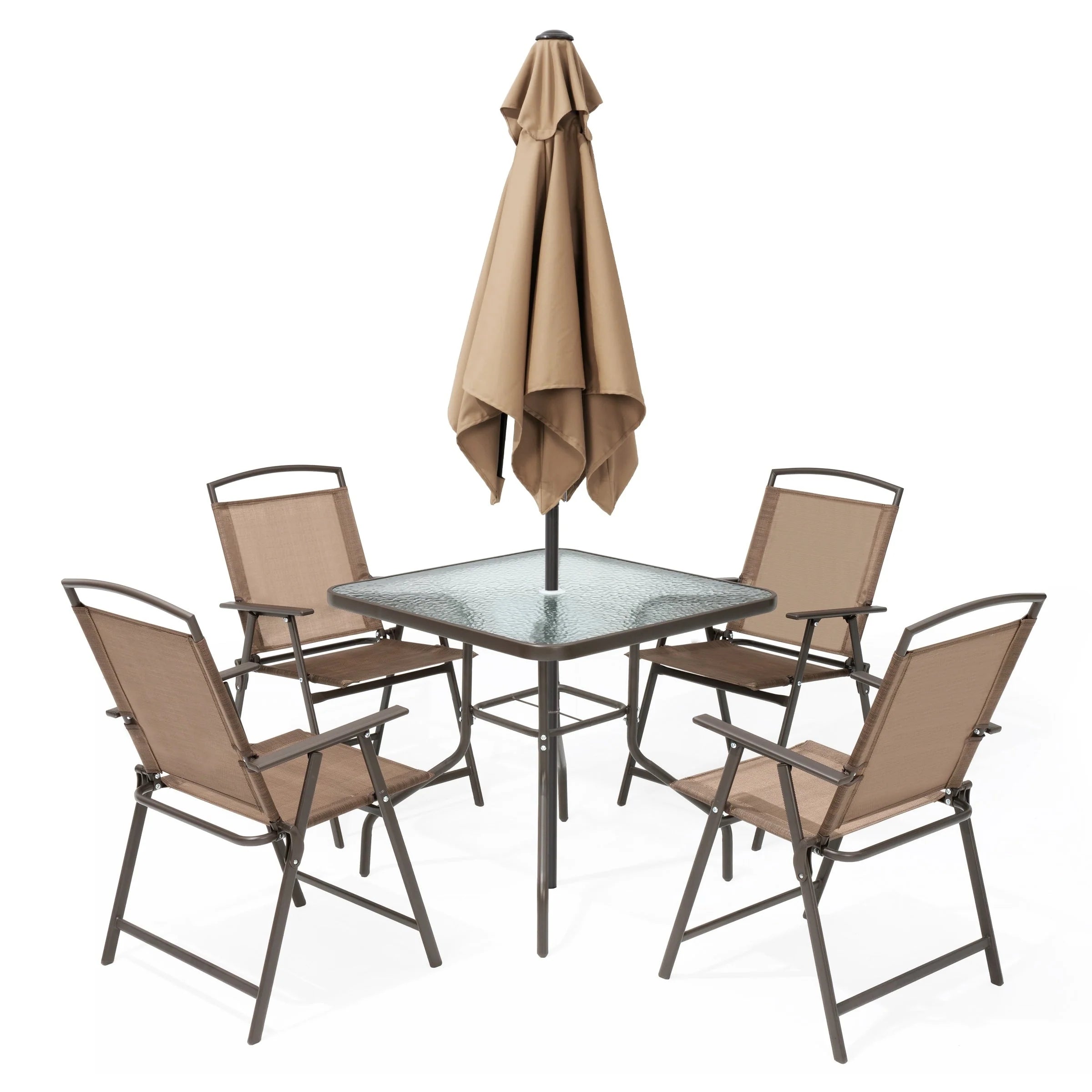 Ensemble de patio 6 pièces Pellebant avec table, parasol et 4 chaises pliantes – 22,4 L x 26,8 P x 34,4 H
