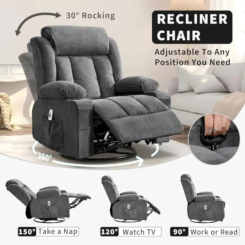 Fauteuil inclinable, Fauteuils à bascule avec massage et chauffage, Poches latérales et porte-gobelet