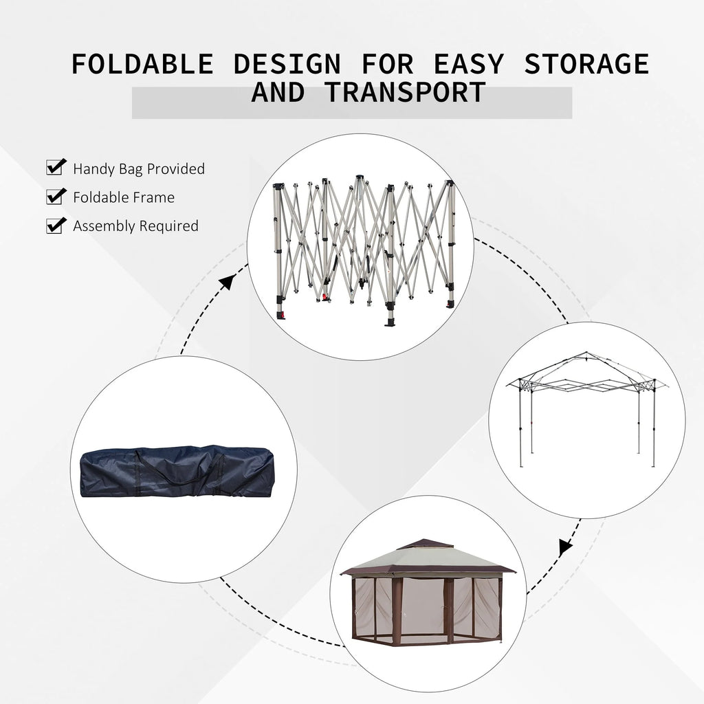 Outsunny 12 x 12 Tonnelle escamotable Pare-soleil Tente instantanée pliable avec filet latéral en maille, Hauteur réglable sur 3 niveaux