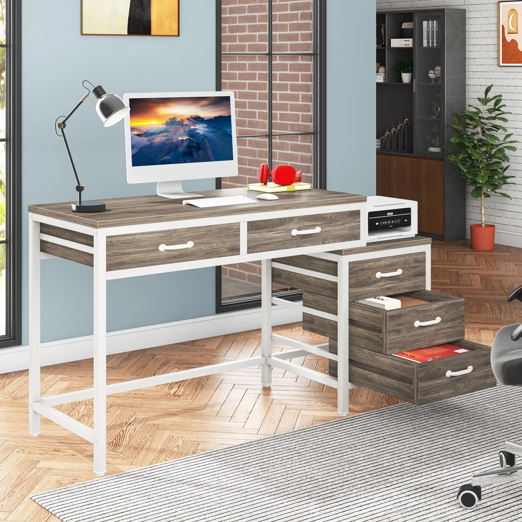 Bureau réversible avec 5 tiroirs, Bureau d'ordinateur de maison avec tiroir classeur et support d'imprimante
