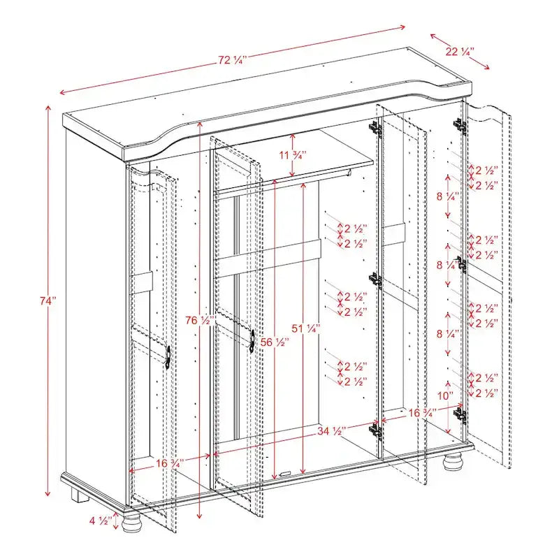 Palace Imports Kyle Armoire 4 portes 100 % en bois massif avec portes en bois massif ou portes miroir