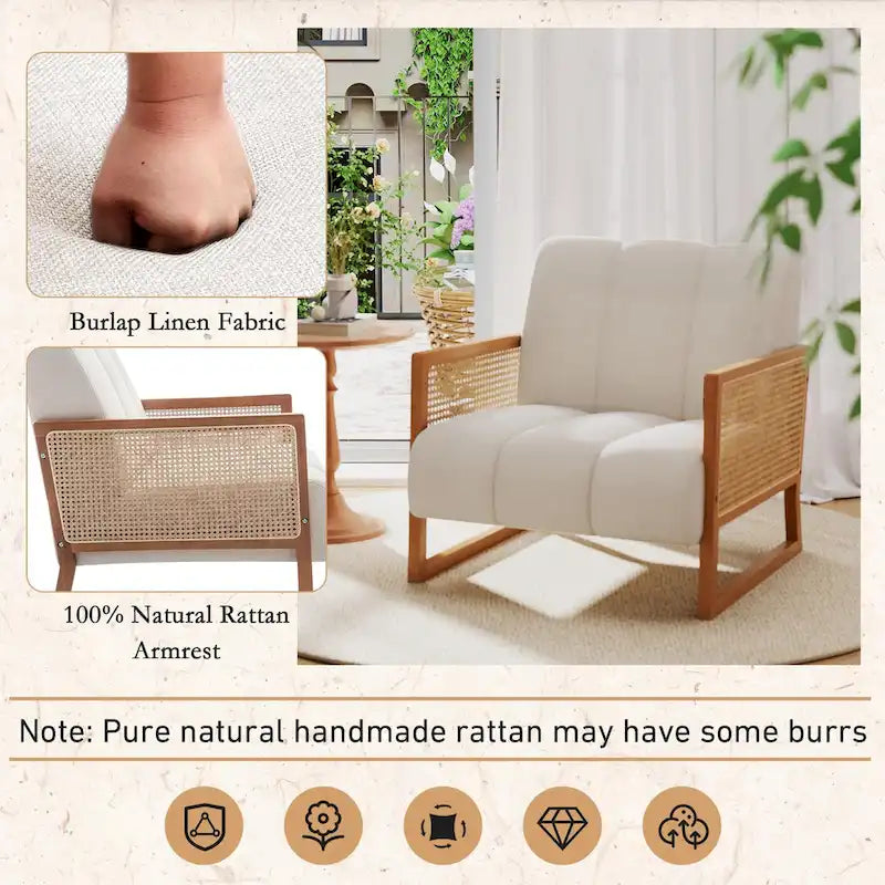 Fauteuils d'appoint en rotin, chaise en rotin naturel rembourrée, fauteuil en lin de style moderne du milieu du siècle, chaises d'appoint pour salon et chambre