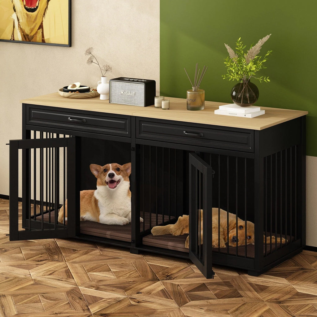 Meuble de chenil double en bois avec 2 tiroirs et séparateur