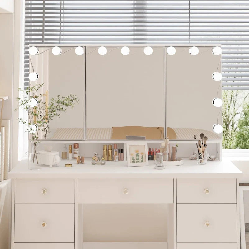 Coiffeuse LED de luxe avec 9 tiroirs, station de maquillage élégante