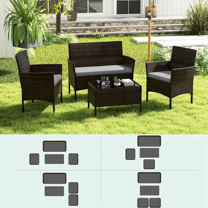 Costway Ensemble de Meubles de Jardin 4 Pièces avec Coussins Lavables et Verre Trempé - Voir les Détails