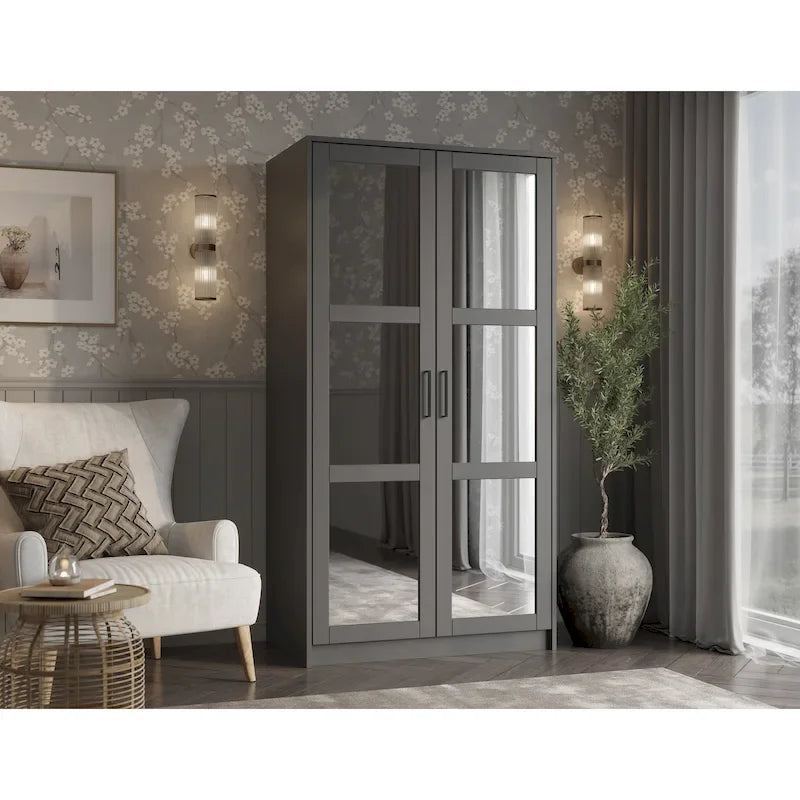 Palace Imports Armoire Urbaine 2 Portes 100% Bois Massif avec Portes Pleines et Miroirs