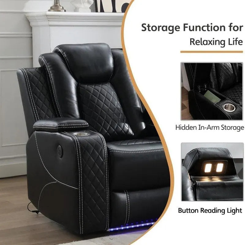 Canapé inclinable électrique avec chargeur sans fil, liseuse pour salon, lumière LED en similicuir, port AC/USB, porte-gobelet, noir