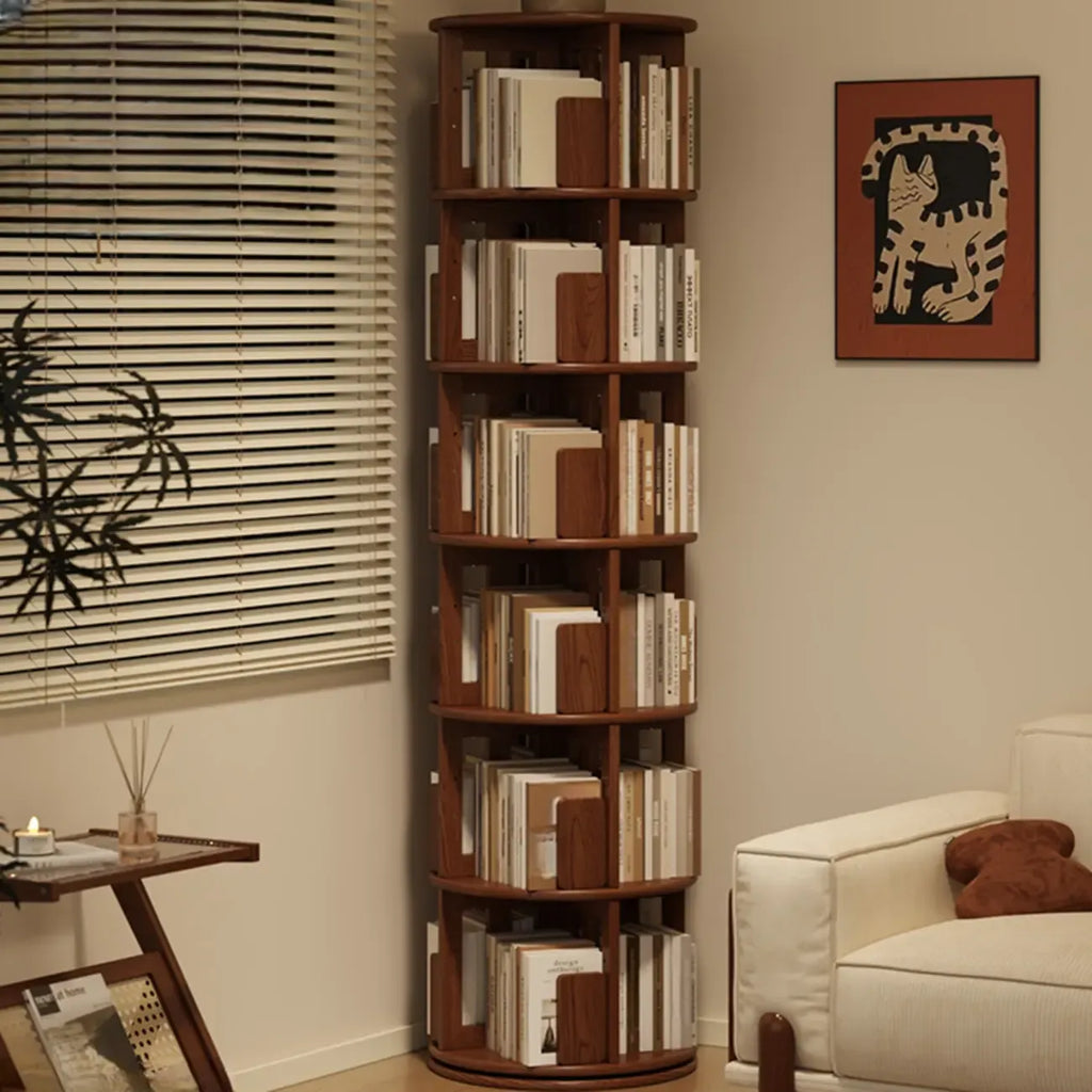 Bibliothèque verticale étroite rotative en bois