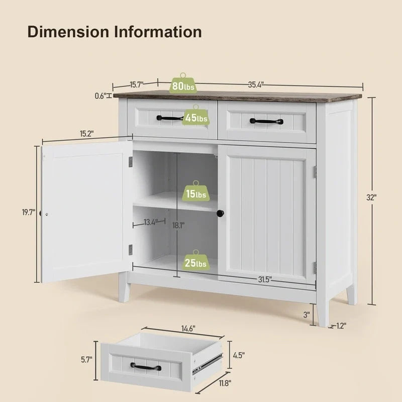 Buffet de cuisine avec 2 tiroirs, meuble de rangement, console de café, meuble d'entrée en bois avec placard à double porte