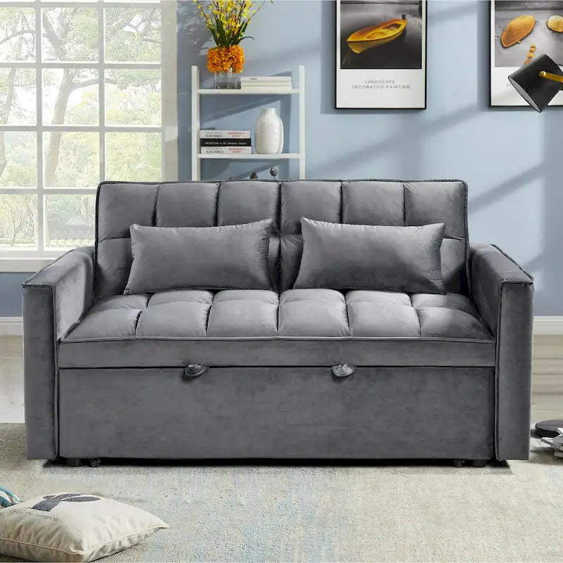 Causeuse futon moderne en velours avec dossier inclinable et poches, 2 places — Gris foncé / Gris clair / Bleu / Noir