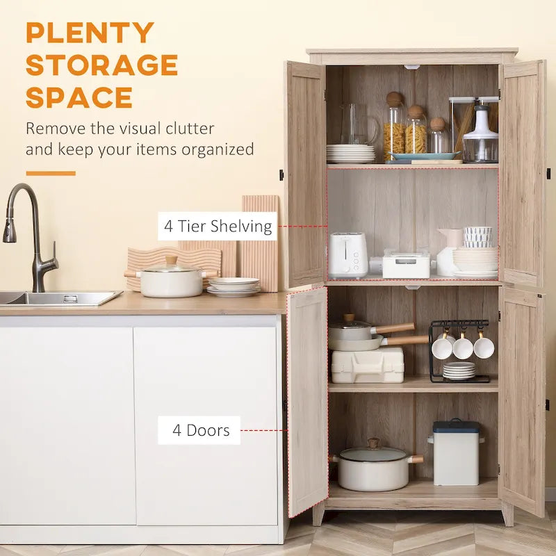 HOMCOM Grand garde-manger de cuisine autoportant de 183 cm, organisateur de rangement à 4 portes avec 4 niveaux et étagères réglables, blanc