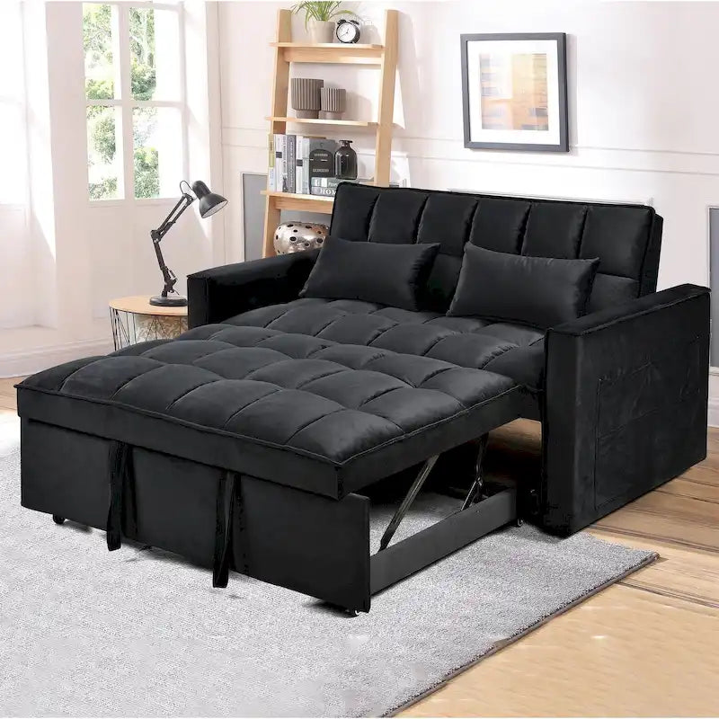 Causeuse futon moderne en velours avec dossier inclinable et poches, 2 places — Gris foncé / Gris clair / Bleu / Noir