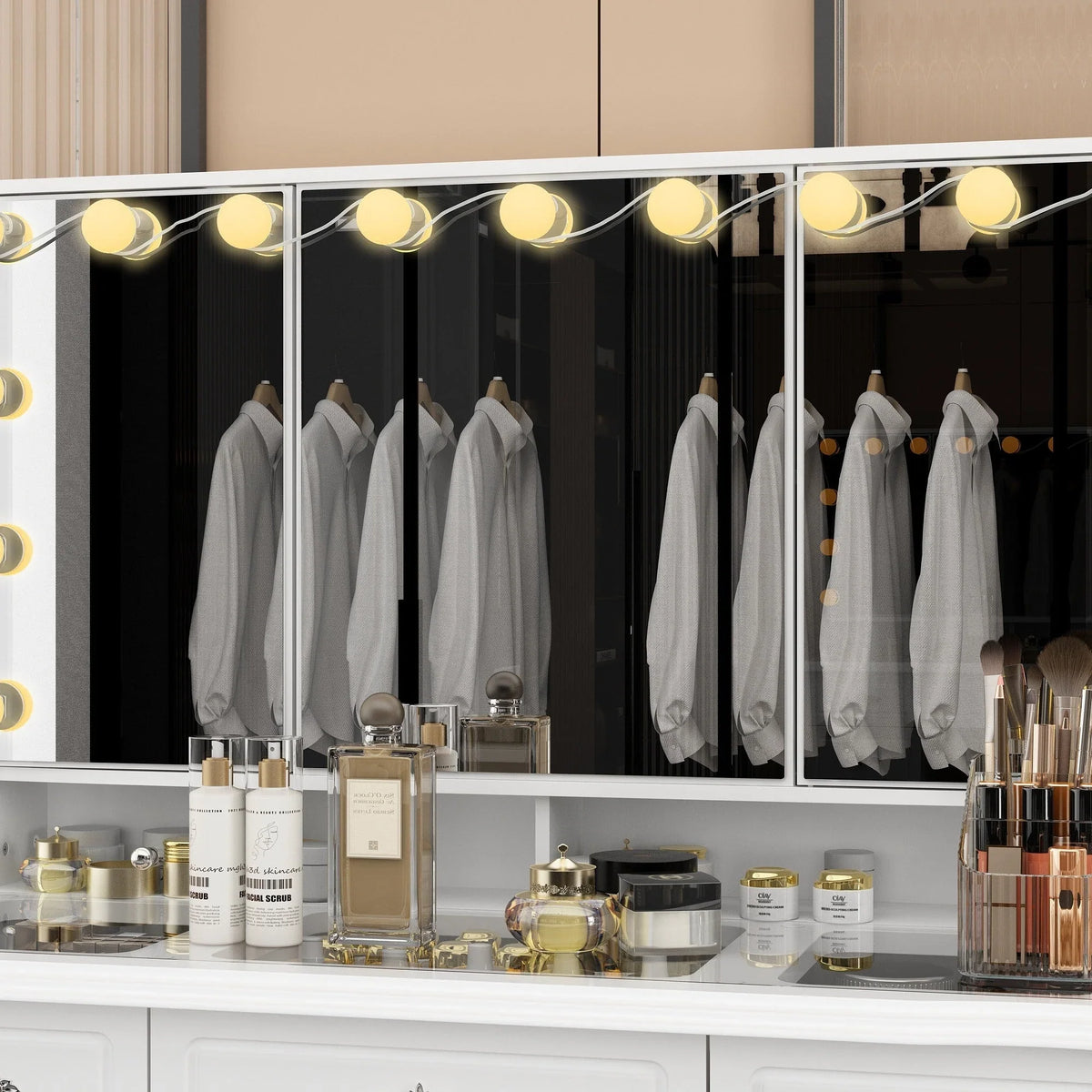 Coiffeuse moderne blanche avec miroir pliable éclairage réglable - 102,1 x 137,4 cm