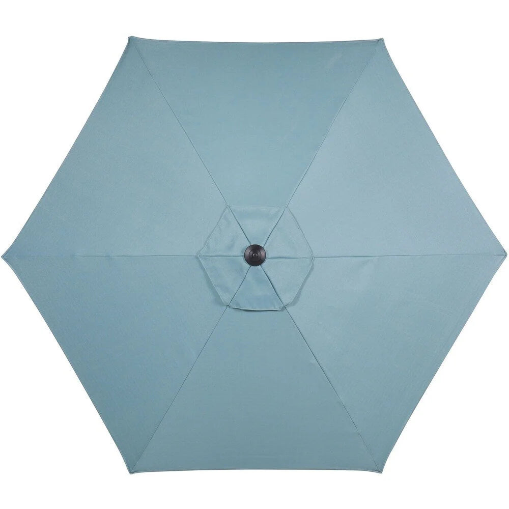 Ensemble de salle à manger Hanover Lavallette 5 pièces bleu océan avec 4 chaises fixes, une table ronde en verre de 52 pouces, un parasol et une base