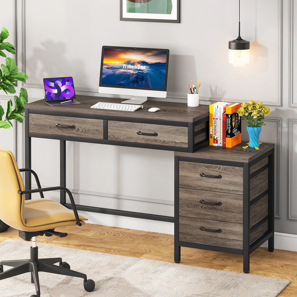 Bureau réversible avec 5 tiroirs, Bureau d'ordinateur de maison avec tiroir classeur et support d'imprimante