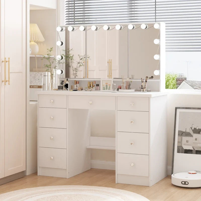 Coiffeuse LED de luxe avec 9 tiroirs, station de maquillage élégante