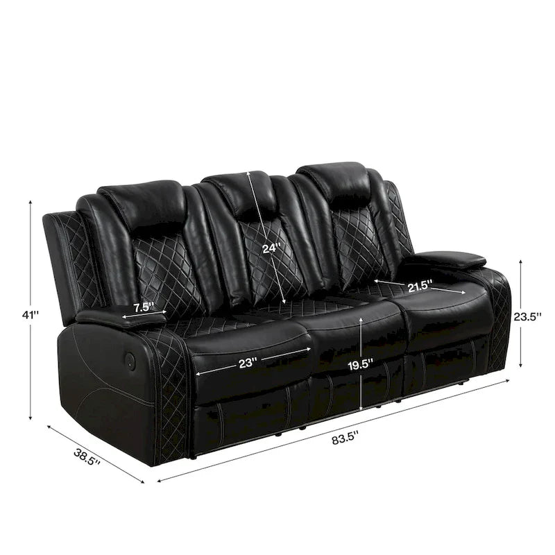 Ensemble de canapés inclinables modernes 3 pièces en cuir avec LED et chargement sans fil