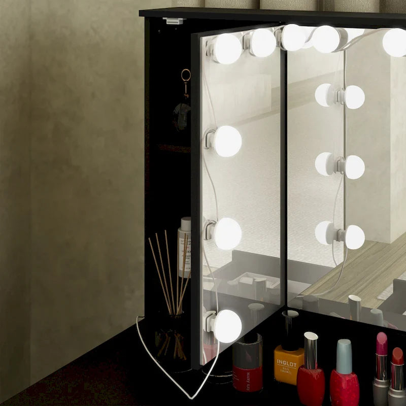 Coiffeuse LED de luxe avec 9 tiroirs, station de maquillage élégante