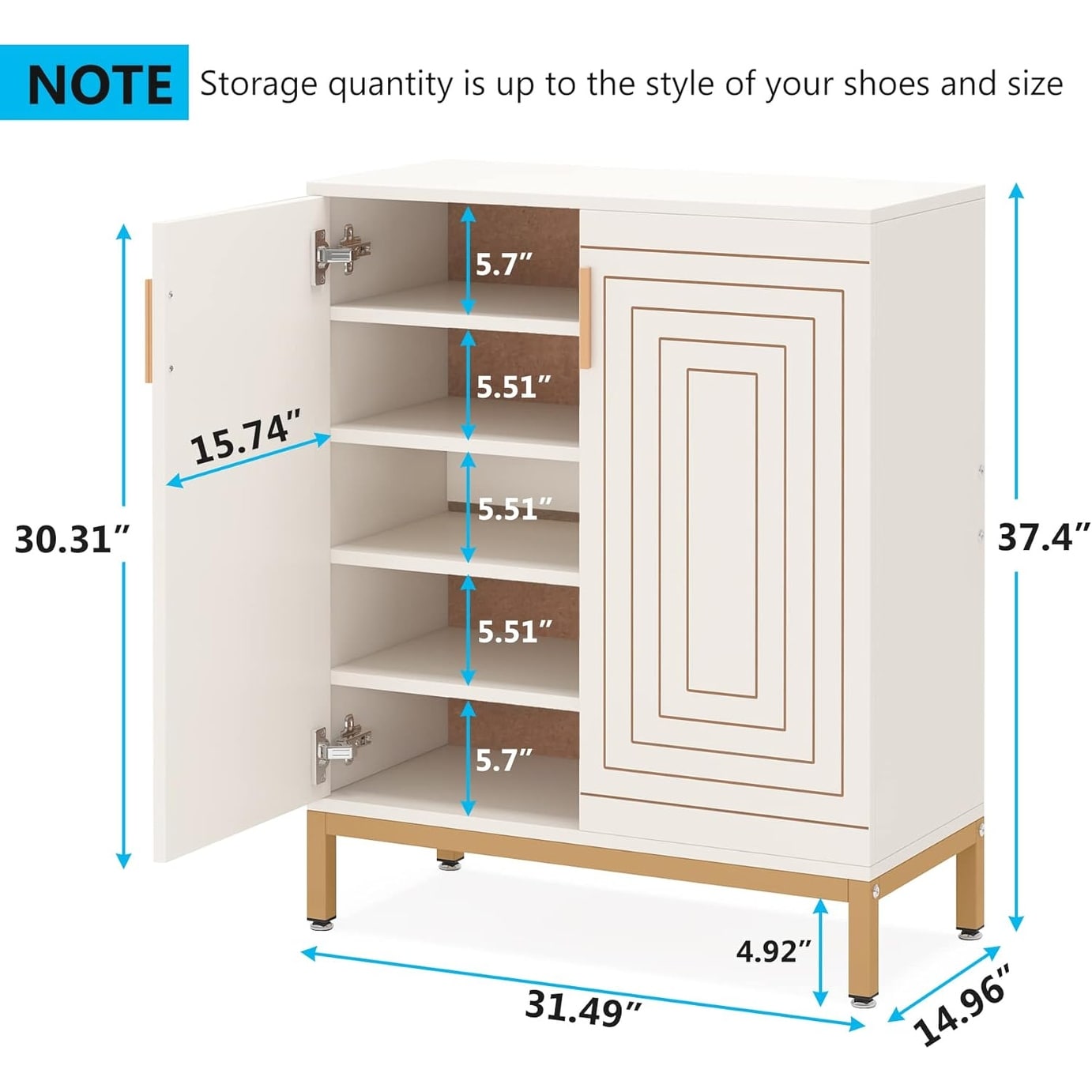 Meuble à chaussures 20 paires, 95 cm, meuble de rangement pour chaussures moderne avec portes, blanc et or