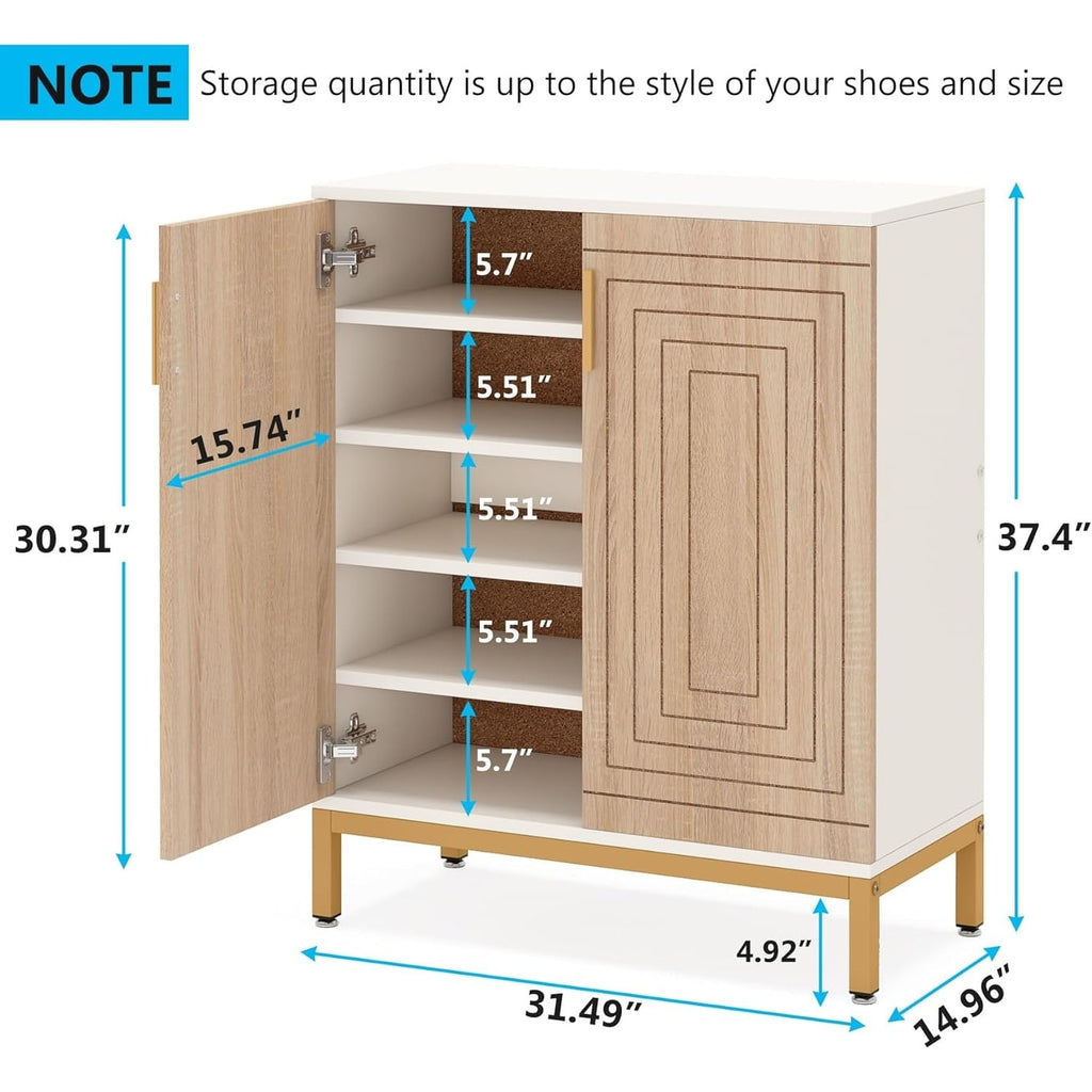 Meuble à chaussures 20 paires, 95 cm, meuble de rangement pour chaussures moderne avec portes, blanc et or
