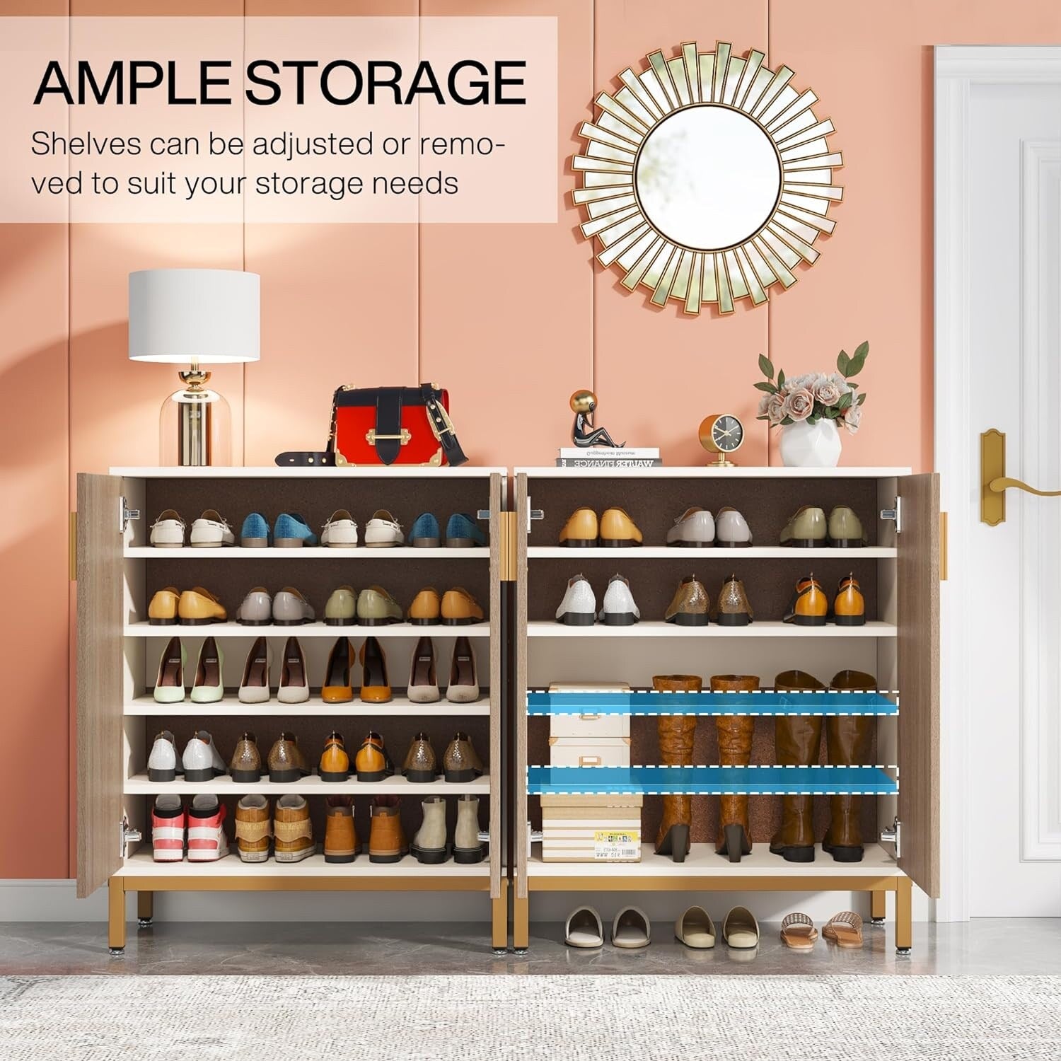 Meuble à chaussures 20 paires, 95 cm, meuble de rangement pour chaussures moderne avec portes, blanc et or