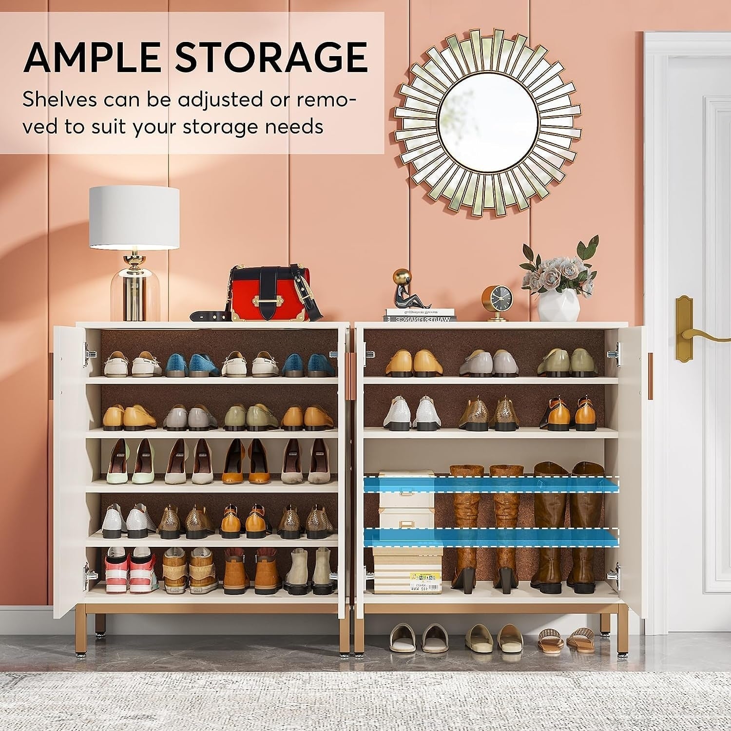 Meuble à chaussures 20 paires, 95 cm, meuble de rangement pour chaussures moderne avec portes, blanc et or