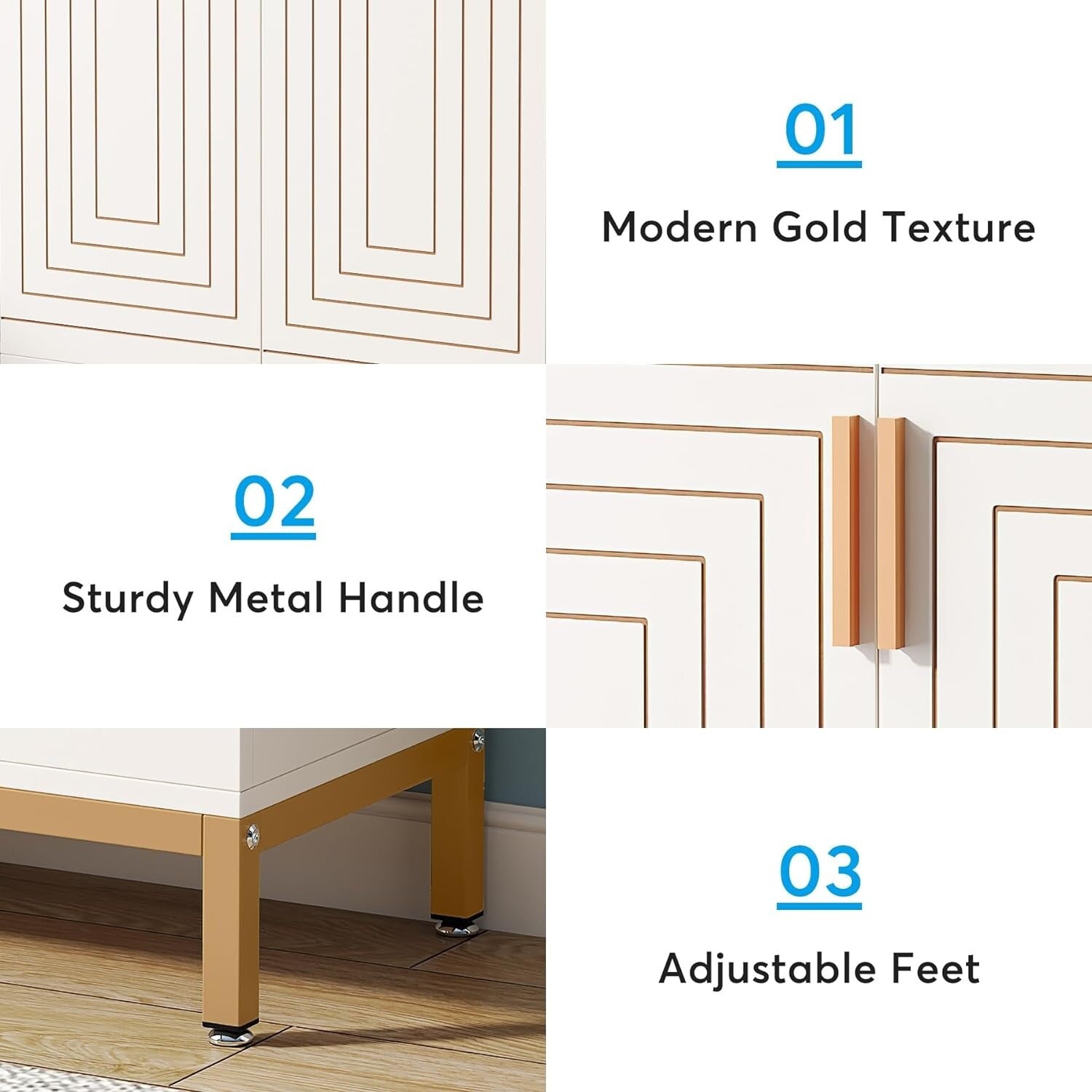 Meuble à chaussures 20 paires, 95 cm, meuble de rangement pour chaussures moderne avec portes, blanc et or