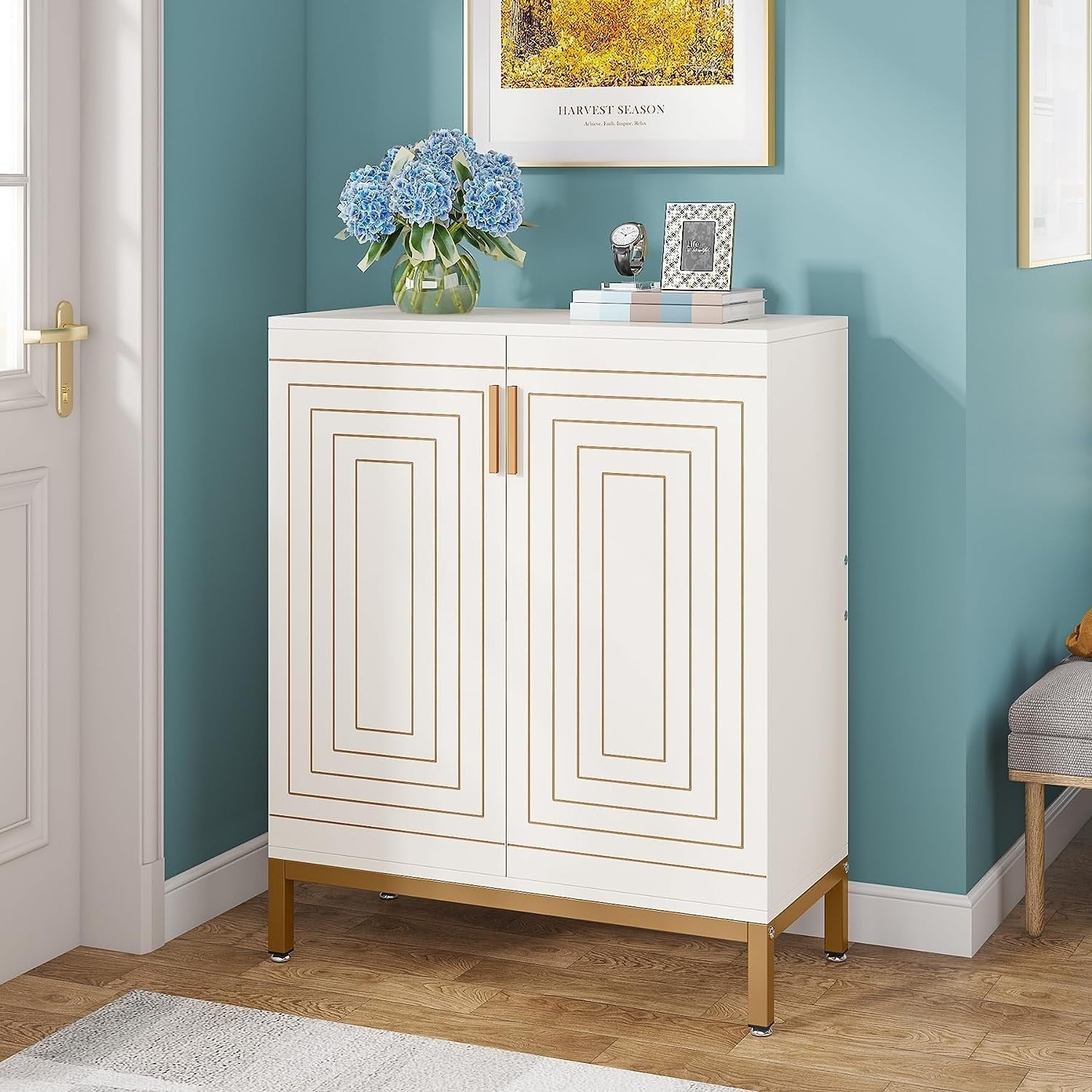 Meuble à chaussures 20 paires, 95 cm, meuble de rangement pour chaussures moderne avec portes, blanc et or