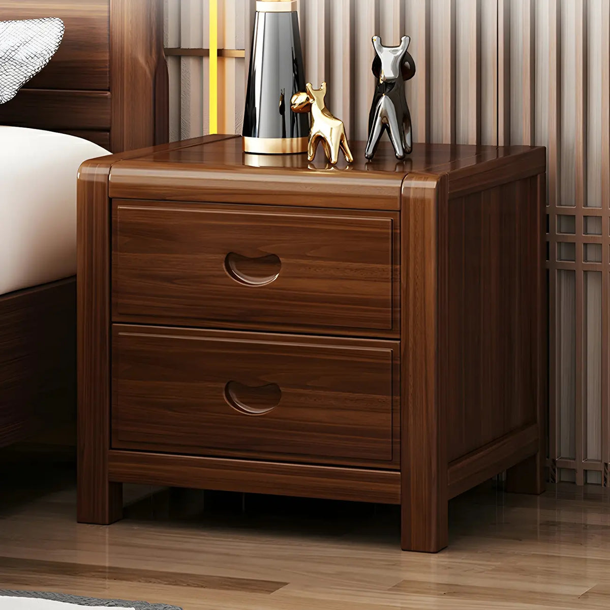 Petite Table de Chevet en Bois Marron Noyer Traditionnel à 2 Tiroirs