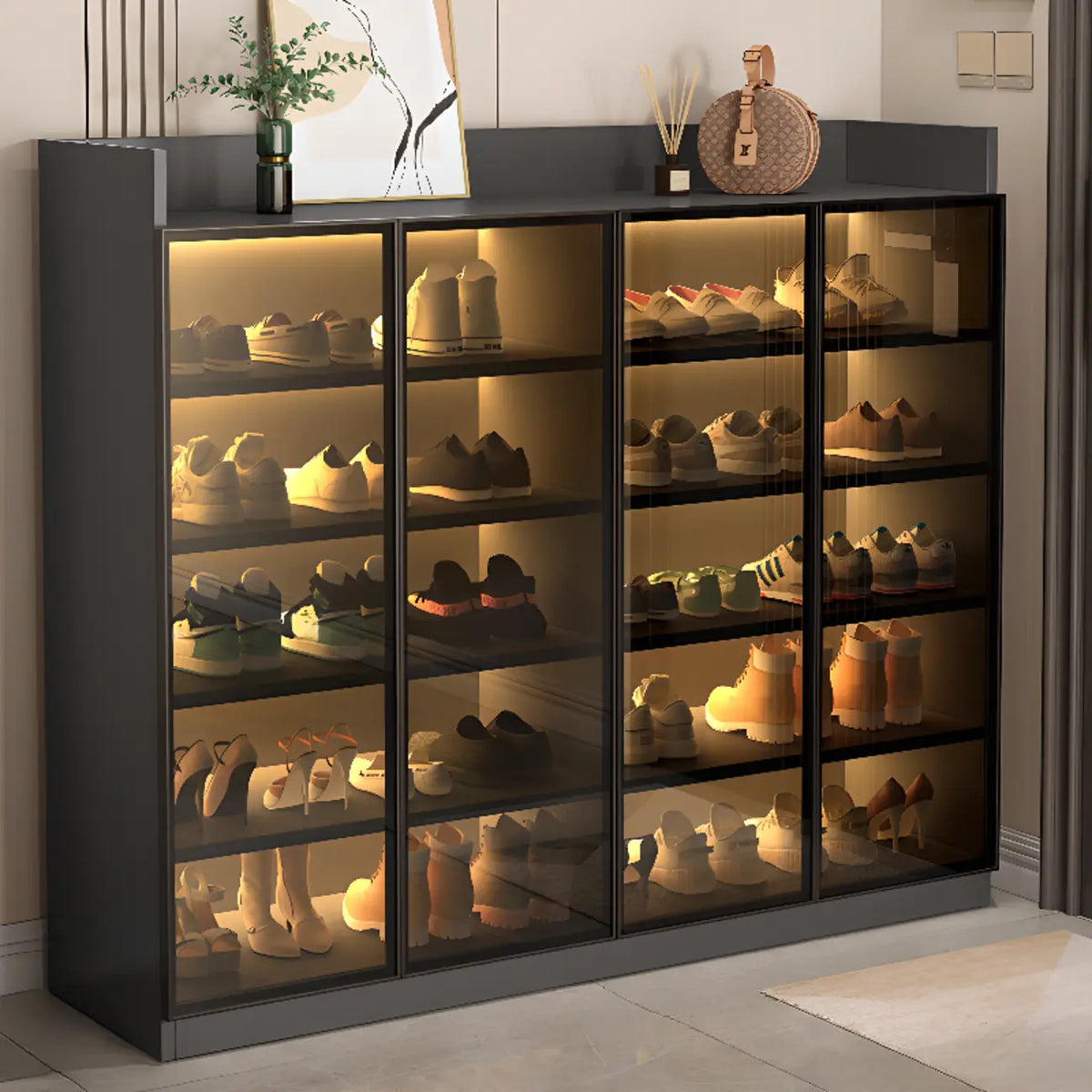 Meuble à chaussures éclairé par LED avec étagères réglables Portes transparentes