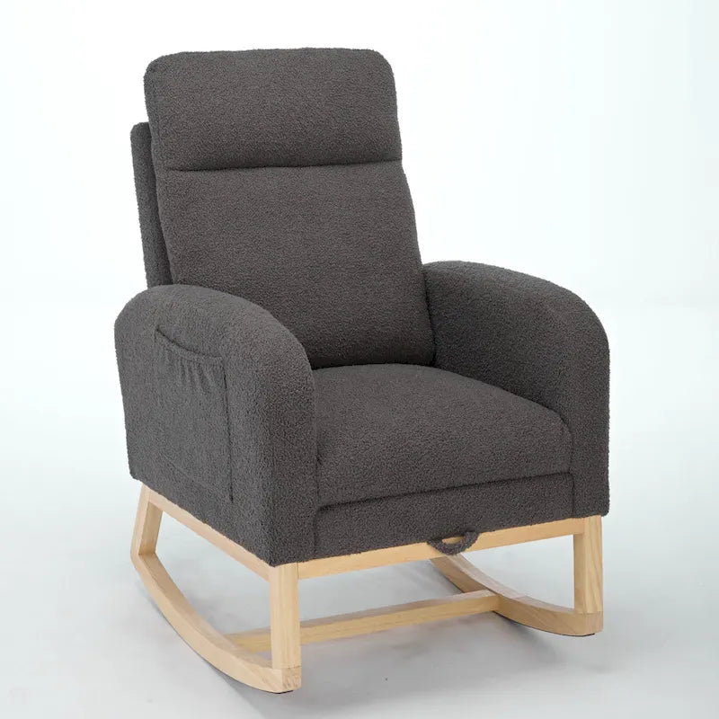 Fauteuil à bascule rembourré moderne de 75 cm de hauteur avec dossier haut, pieds en bois massif et repose-pieds réglable