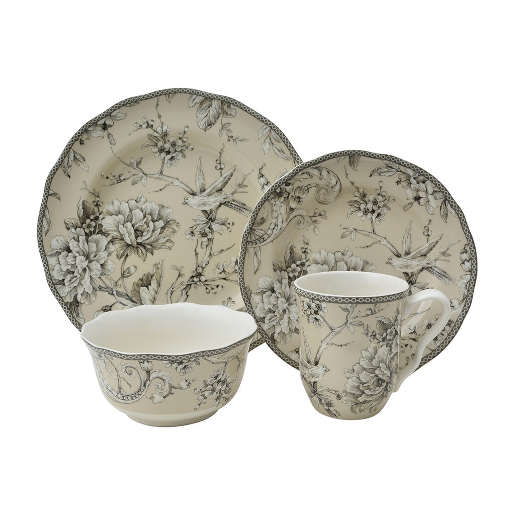 Ensemble de vaisselle 16 pièces en porcelaine Adelaide 222 Fifth avec assiettes rondes, bols et tasses, blanc antique