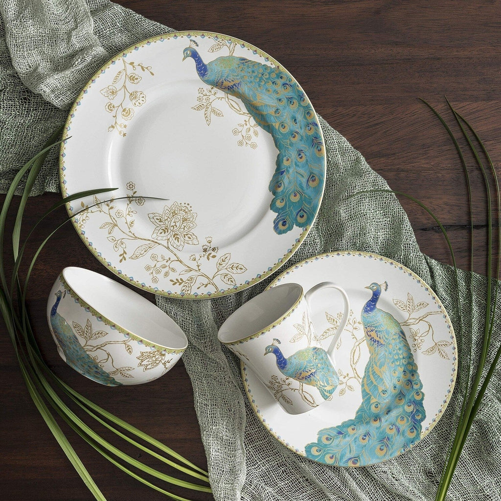 Ensemble de vaisselle en porcelaine 16 pièces 222 Fifth Peacock Garden avec assiettes rondes, bols et tasses, blanc