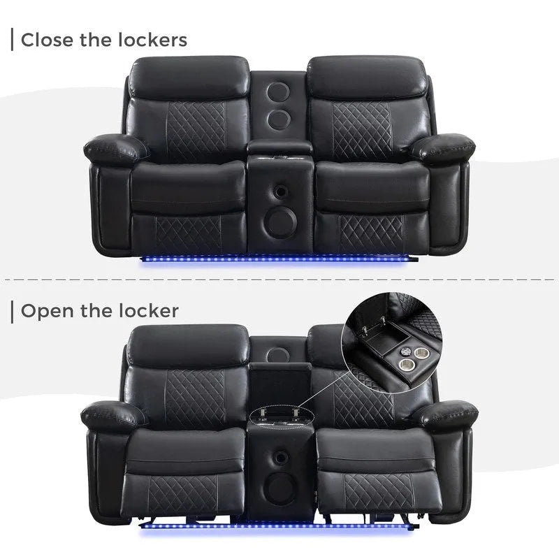 Canapé inclinable électrique avec chargeur sans fil, liseuse, lumière LED pour salon, similicuir, port AC/USB, porte-gobelet, noir