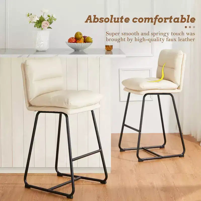 Lot de 2 tabourets de bar modernes en similicuir épais avec pieds en métal Crème/Blanc - Glitzhome : Rembourrés, base luge, repose-pieds