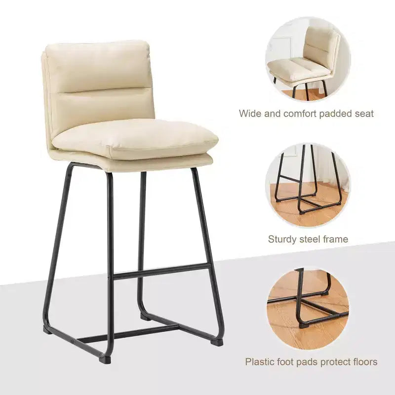 Lot de 2 tabourets de bar modernes en similicuir épais avec pieds en métal Crème/Blanc - Glitzhome : Rembourrés, base luge, repose-pieds