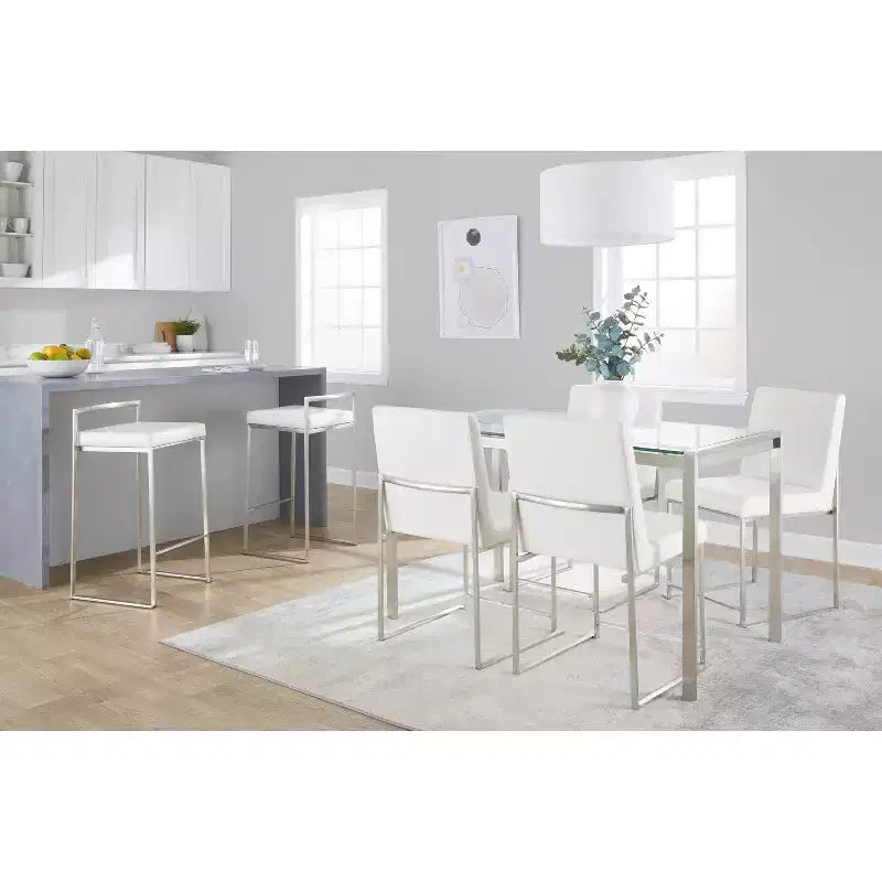 Lot de 3 tabourets de bar à hauteur de comptoir empilables LumiSource Fuji, acier inoxydable/PU blanc