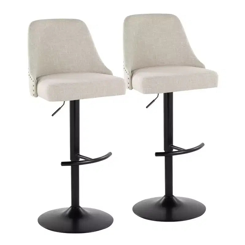 LumiSource Set of 2 Studded Marcel Barstools Black Metal/Cream Fabric/Brass Metal