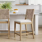 Nathan James Beacon Tabouret de bar hauteur comptoir Crème Boucle en jonc de mer : Dossier tissé, cadre en bois d'hévéa