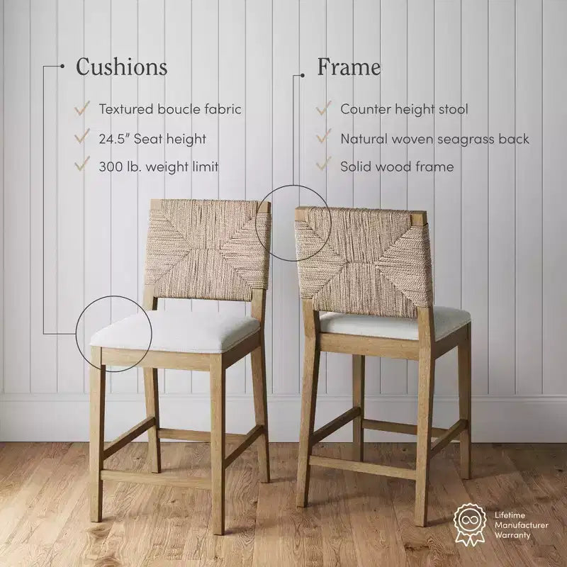 Nathan James Beacon Tabouret de bar hauteur comptoir Crème Boucle en jonc de mer : Dossier tissé, cadre en bois d'hévéa