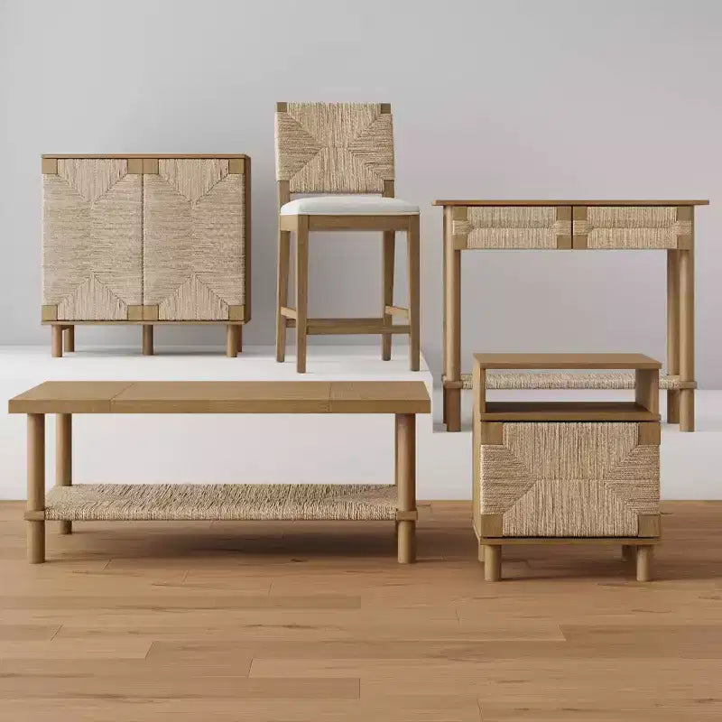 Nathan James Beacon Tabouret de bar hauteur comptoir Crème Boucle en jonc de mer : Dossier tissé, cadre en bois d'hévéa