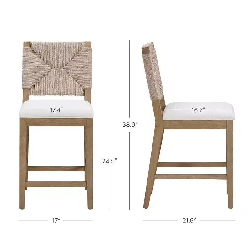 Nathan James Beacon Tabouret de bar hauteur comptoir Crème Boucle en jonc de mer : Dossier tissé, cadre en bois d'hévéa